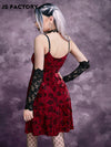 GothDark Allover Floral Print Lace Up Front Velvet Slip Dress Without Gloves