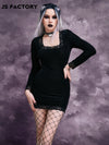 GothDark Lace Trim Square Neck Split Hem Bodycon Dress