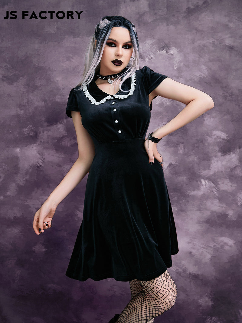 GothDark Lightweight Statement Collar Puff Sleeve Velvet Dress