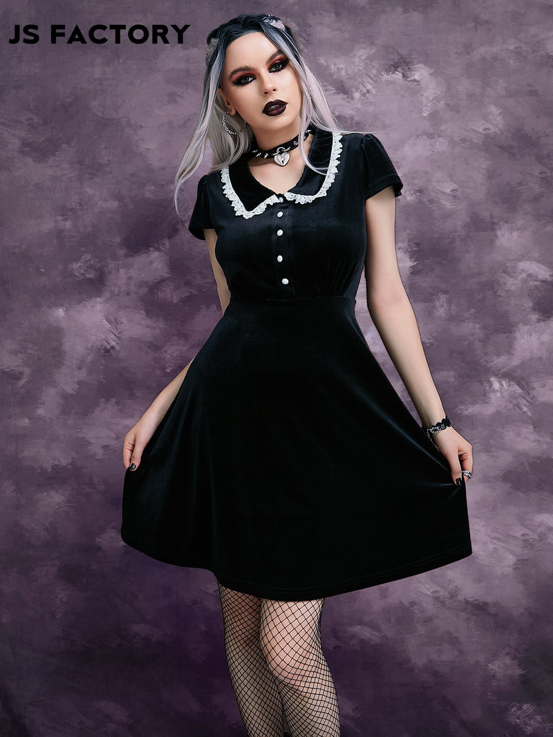 GothDark Lightweight Statement Collar Puff Sleeve Velvet Dress