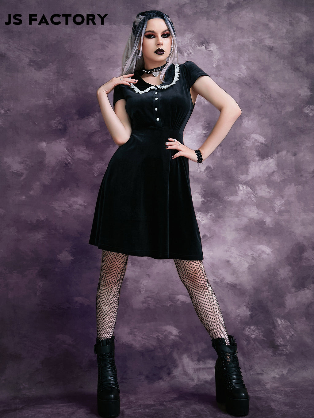 GothDark Lightweight Statement Collar Puff Sleeve Velvet Dress