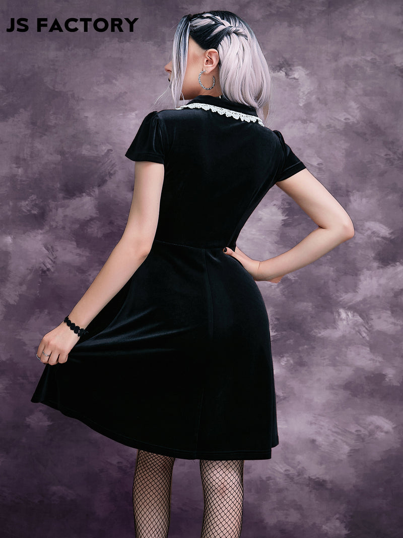 GothDark Lightweight Statement Collar Puff Sleeve Velvet Dress