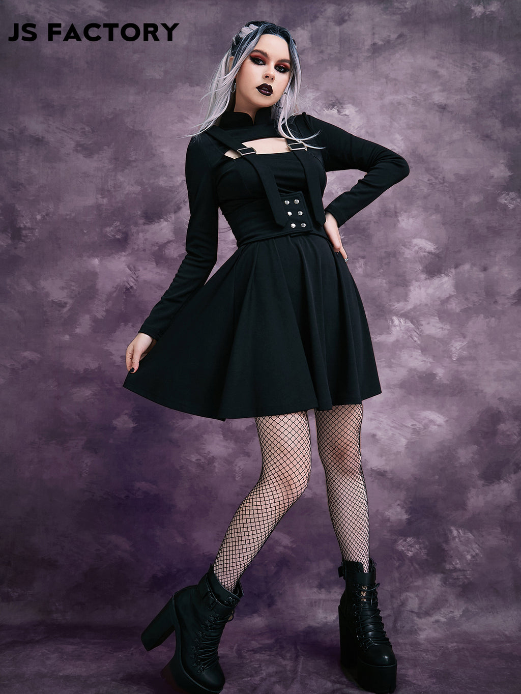 GothDark Mock Neck Peekaboo Front Buckled Dress Without Belt