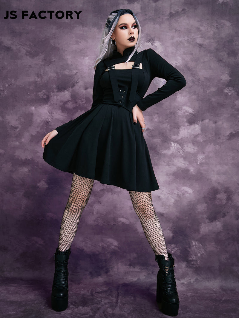 GothDark Mock Neck Peekaboo Front Buckled Dress Without Belt