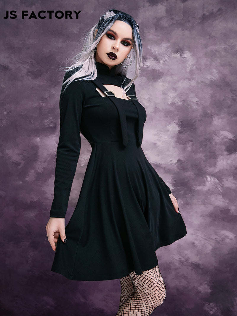 GothDark Mock Neck Peekaboo Front Buckled Dress Without Belt