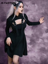 GothDark Mock Neck Peekaboo Front Buckled Dress Without Belt