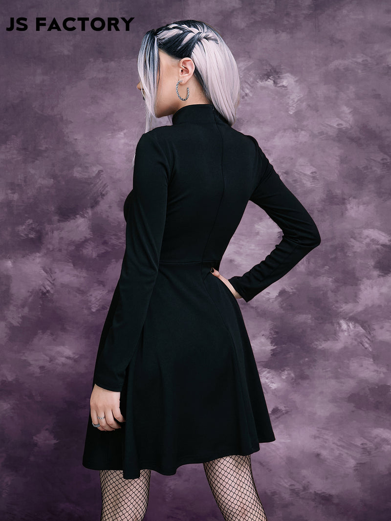 GothDark Mock Neck Peekaboo Front Buckled Dress Without Belt