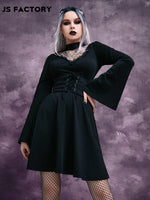 GothDark Lace Yoke Grommet Lace Up Waist Dress Without Belt