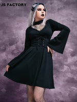 GothDark Lace Yoke Grommet Lace Up Waist Dress Without Belt