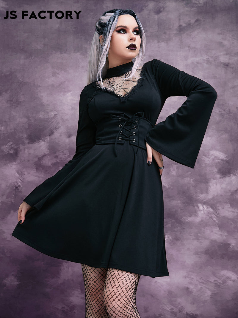 GothDark Lace Yoke Grommet Lace Up Waist Dress Without Belt