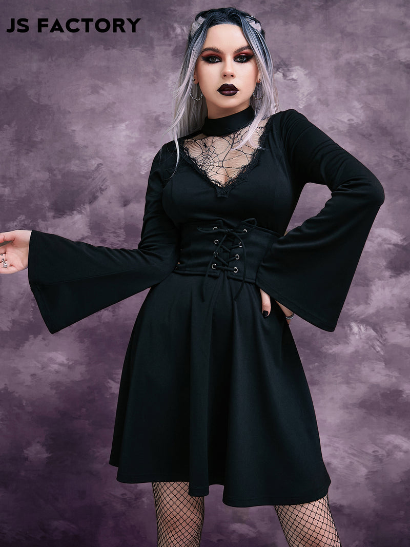 GothDark Lace Yoke Grommet Lace Up Waist Dress Without Belt