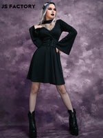 GothDark Lace Yoke Grommet Lace Up Waist Dress Without Belt