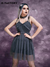 GothDark Zip Back Mesh Overlay Cami Dress