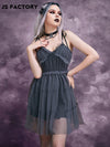 GothDark Zip Back Mesh Overlay Cami Dress