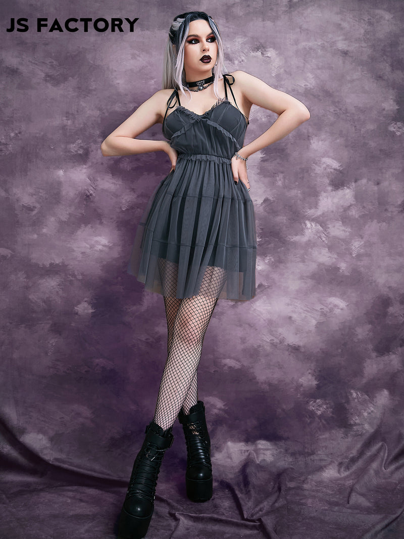 GothDark Zip Back Mesh Overlay Cami Dress