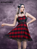 GothDark Lace Up Front Mesh Hem Plaid Cami Dress Without Gloves