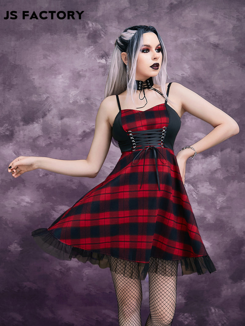 GothDark Lace Up Front Mesh Hem Plaid Cami Dress Without Gloves