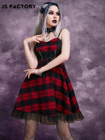 GothDark Lace Up Front Mesh Hem Plaid Cami Dress Without Gloves