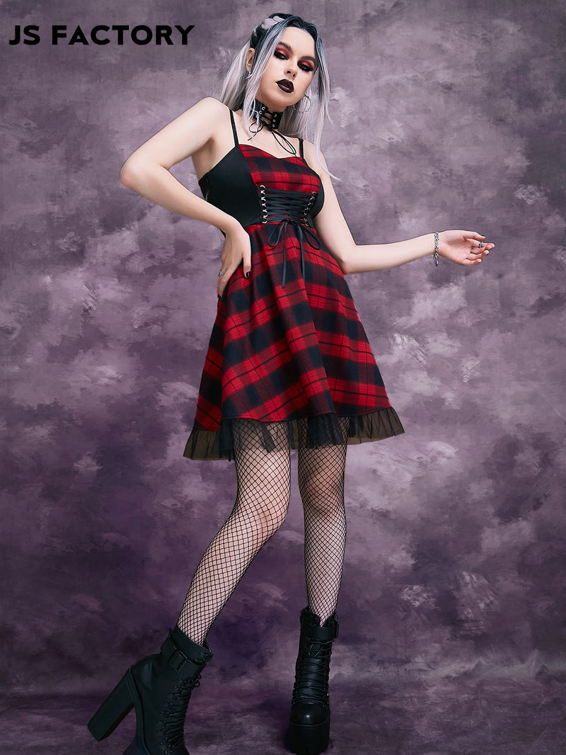 GothDark Lace Up Front Mesh Hem Plaid Cami Dress Without Gloves