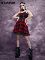 GothDark Lace Up Front Mesh Hem Plaid Cami Dress Without Gloves