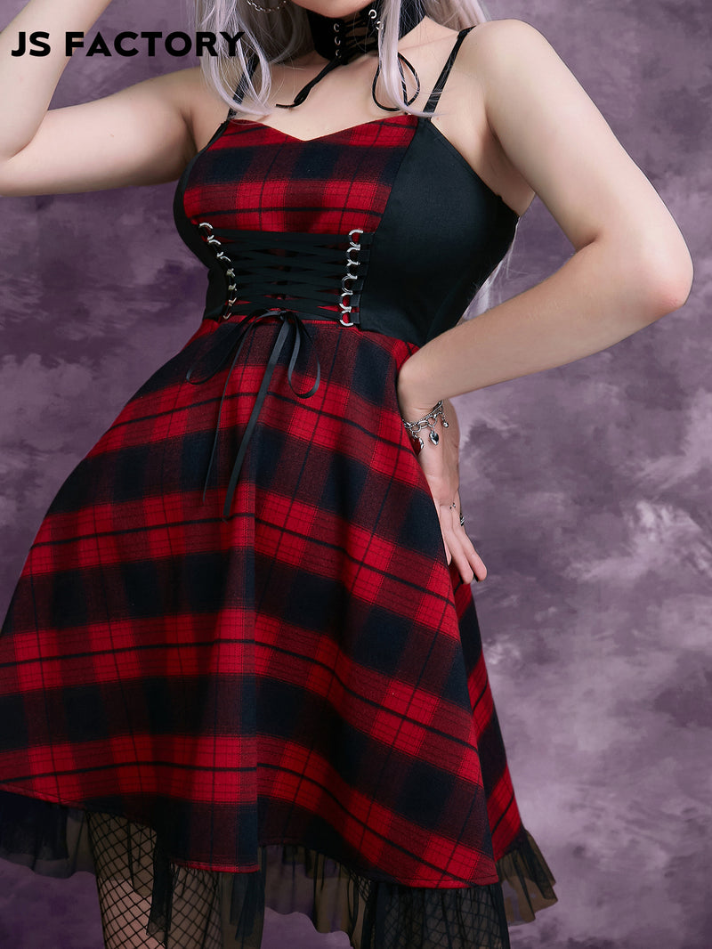 GothDark Lace Up Front Mesh Hem Plaid Cami Dress Without Gloves