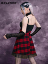 GothDark Lace Up Front Mesh Hem Plaid Cami Dress Without Gloves