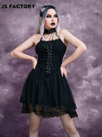 GothDark Lace Up Front Halter Top & Skirt Set