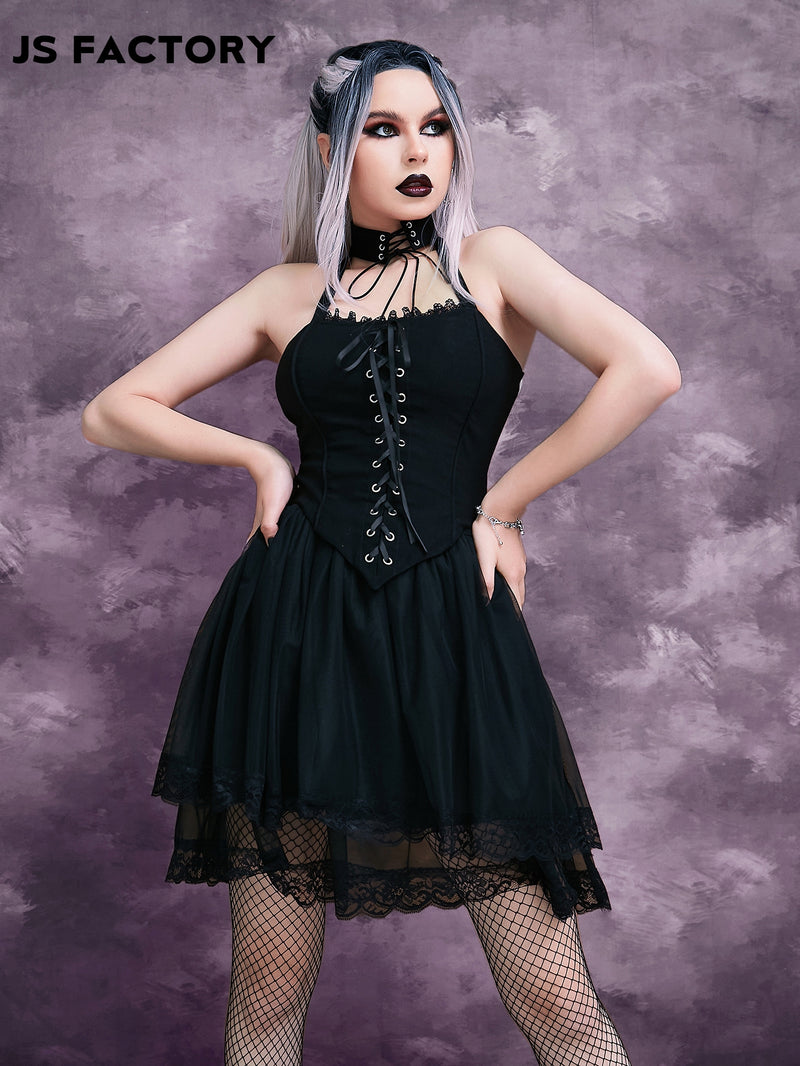 GothDark Eyelet Lace Up Knot Asymmetrical Hem Halter Top Without Choker