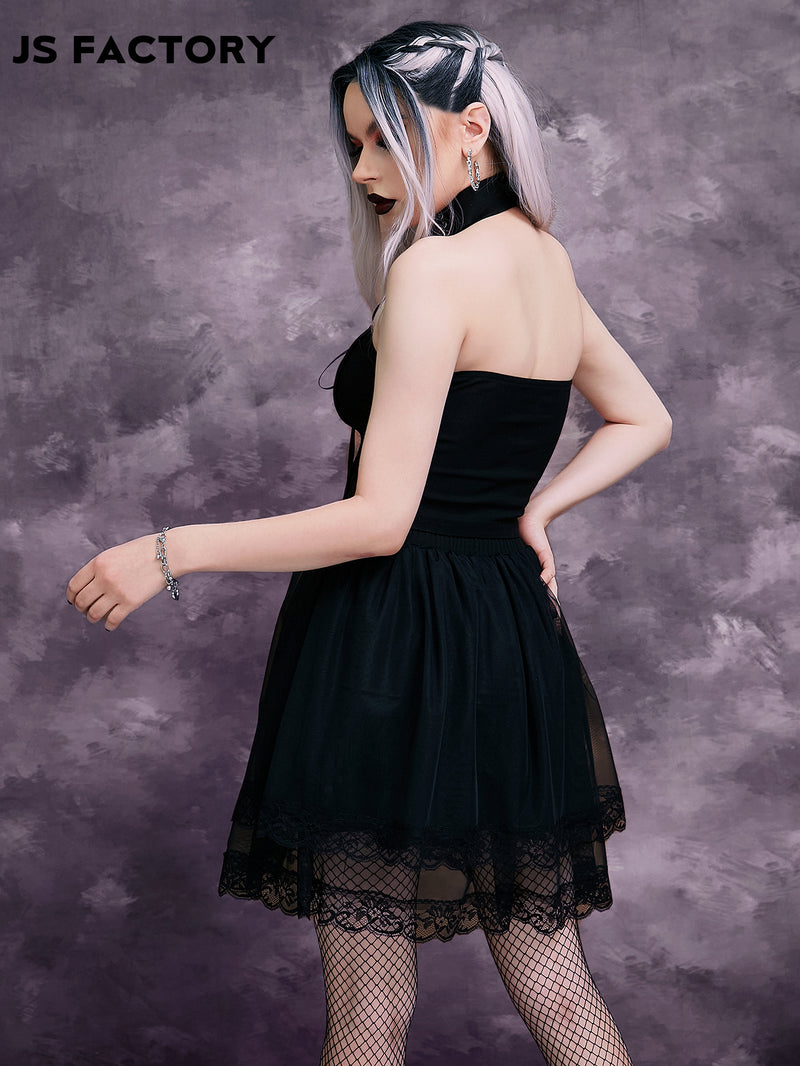 GothDark Lace Up Front Halter Top & Skirt Set