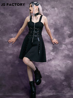 GothDark O-ring Strap Half Zipper Cami Dress