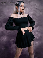 GothDark Chain Yoke Ruffle Trim Open Back Top