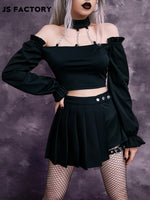 GothDark Chain Yoke Ruffle Trim Open Back Top