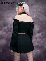 GothDark Chain Yoke Ruffle Trim Open Back Top