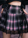 GothDark High Waist Lace Trim Tartan Lace Up Front Pleated Skirt