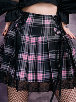 GothDark High Waist Lace Trim Tartan Lace Up Front Pleated Skirt