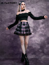 GothDark High Waist Lace Trim Tartan Lace Up Front Pleated Skirt