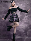 GothDark High Waist Lace Trim Tartan Lace Up Front Pleated Skirt