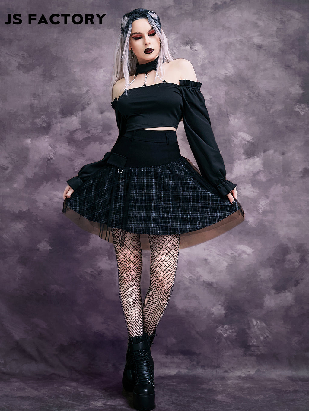 GothDark Tartan Print Sheer Mesh Skirt