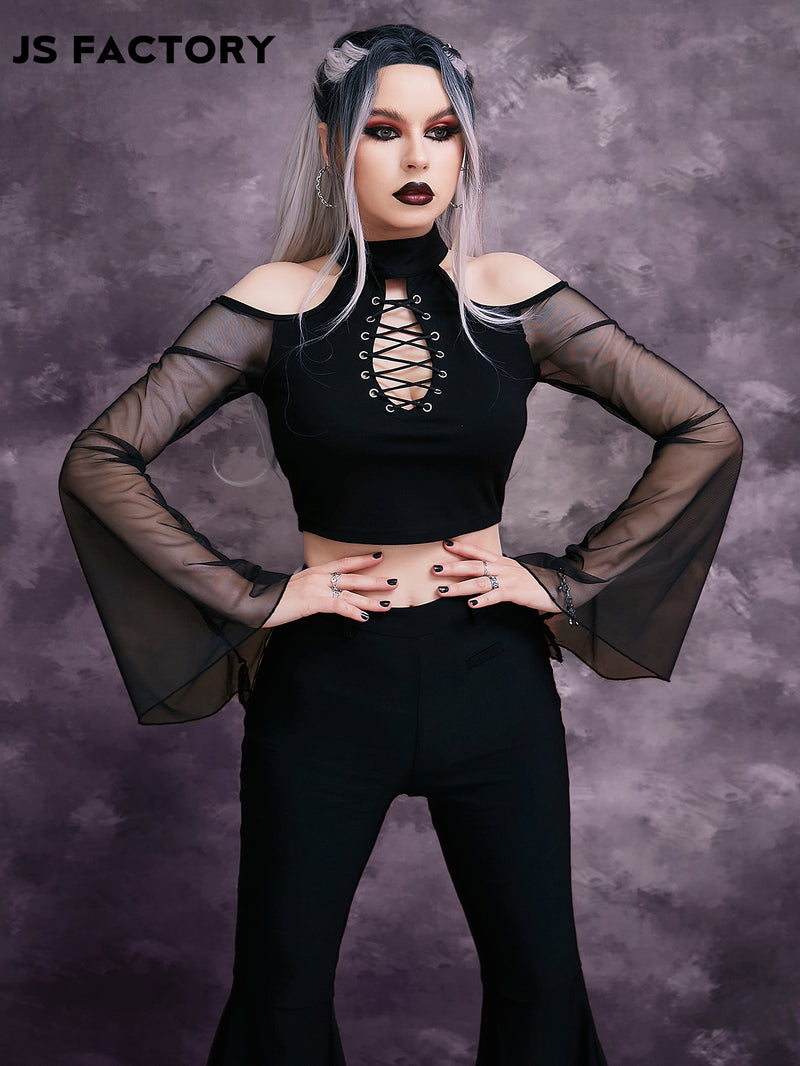 GothDark Grommet Criss Cross Cold Shoulder Trumpet Sleeve Crop Mesh Tee