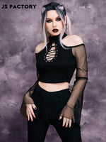 GothDark Grommet Criss Cross Cold Shoulder Trumpet Sleeve Crop Mesh Tee