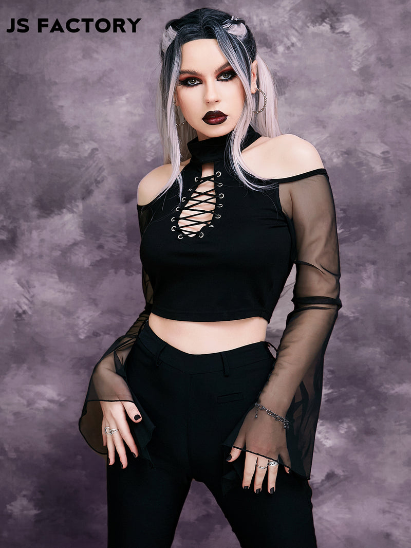 GothDark Grommet Criss Cross Cold Shoulder Trumpet Sleeve Crop Mesh Tee