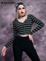 GothDark Striped Button Front Crop Tee