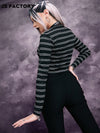 GothDark Striped Button Front Crop Tee