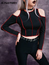 GothDark Top-stitching Cold Shoulder Crop Tee