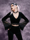 GothDark Contrast Eyelash Lace Trumpet Sleeve Crop Velvet Tee