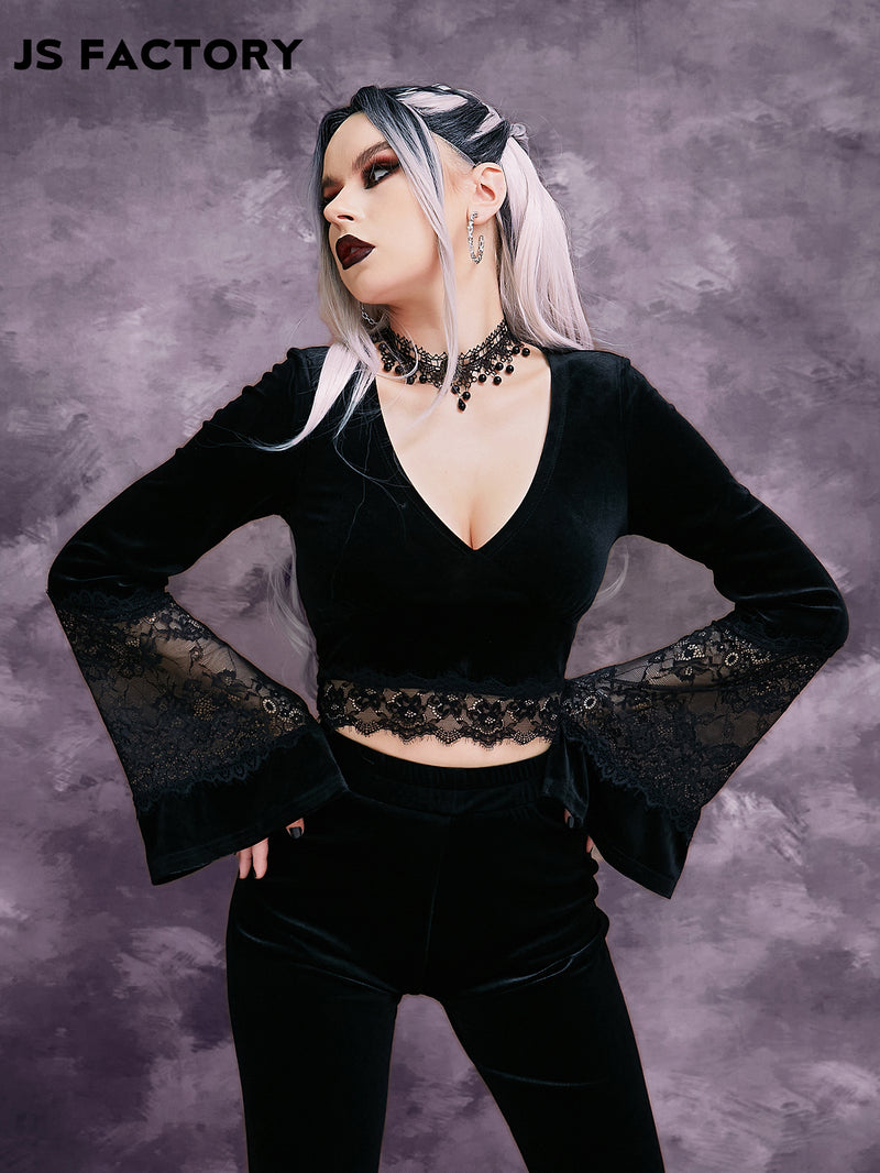 GothDark Contrast Eyelash Lace Trumpet Sleeve Crop Velvet Tee