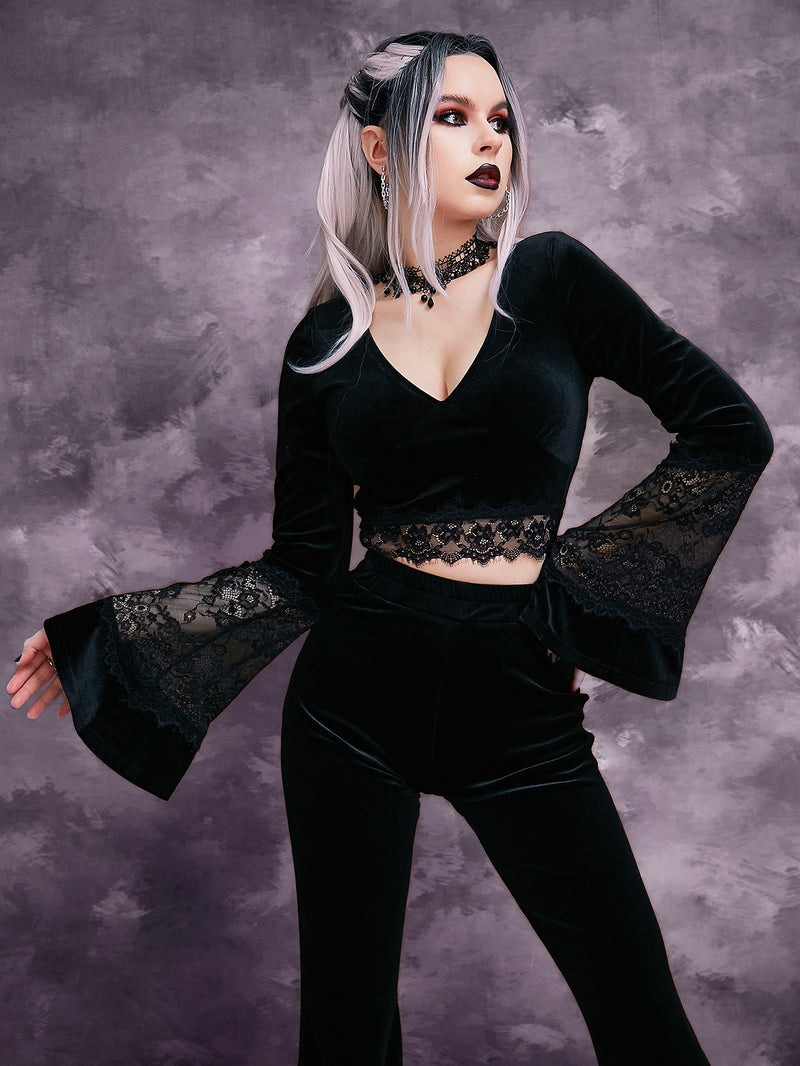 GothDark Contrast Eyelash Lace Trumpet Sleeve Crop Velvet Tee