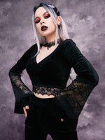 GothDark Contrast Eyelash Lace Trumpet Sleeve Crop Velvet Tee