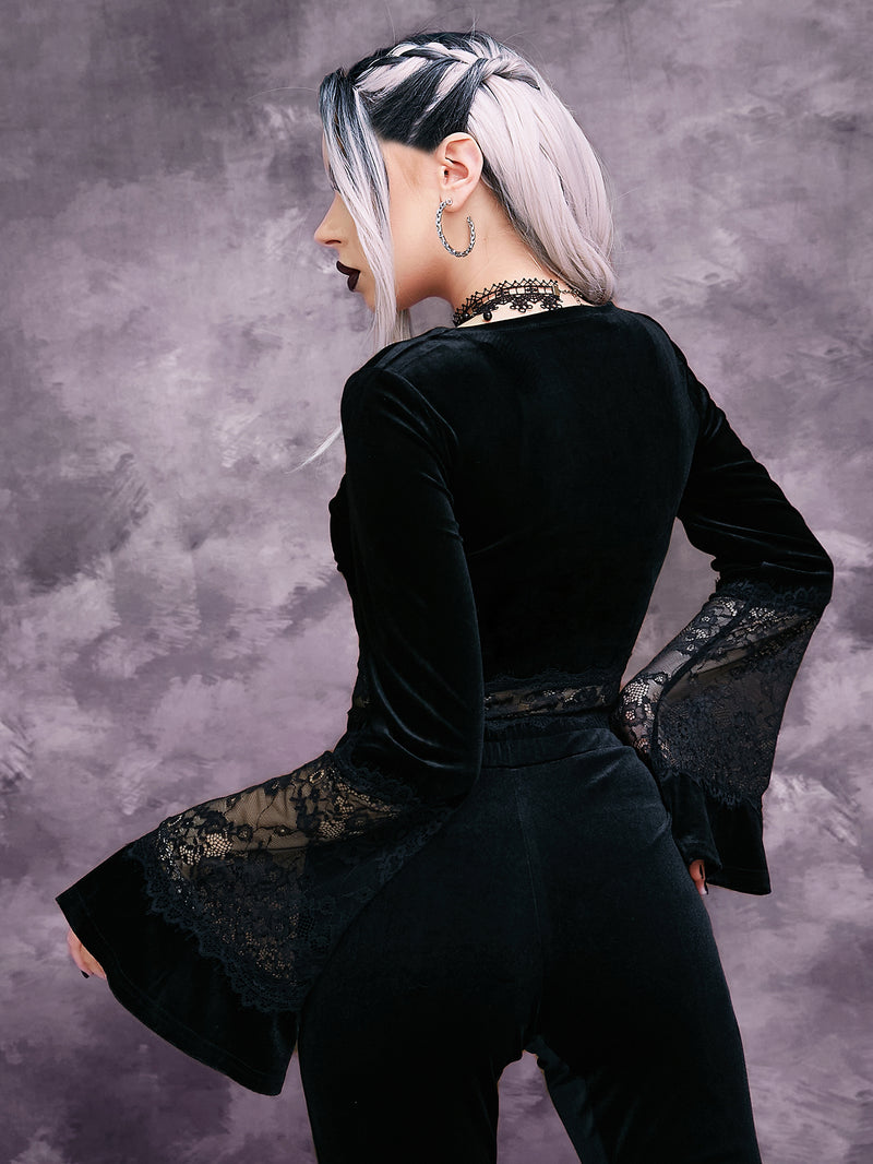 GothDark Contrast Eyelash Lace Trumpet Sleeve Crop Velvet Tee