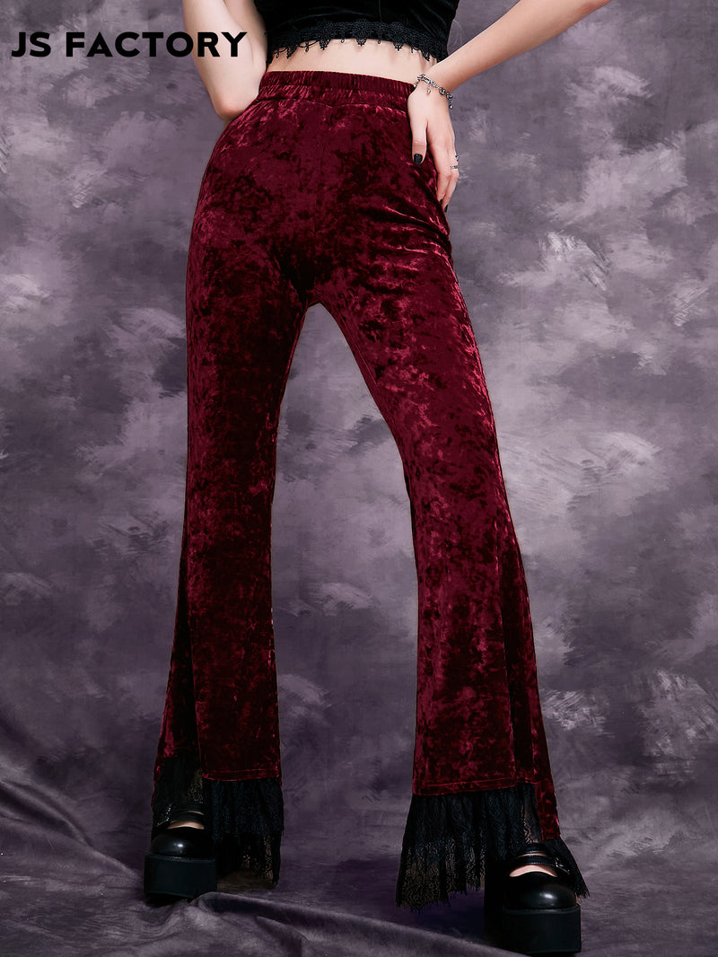 GothDark Lace Hem Velvet Flare Leg Pants